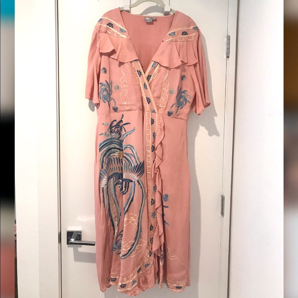 ASOS PREMIUM Embroidered Ruffle Wrap Midi Dress